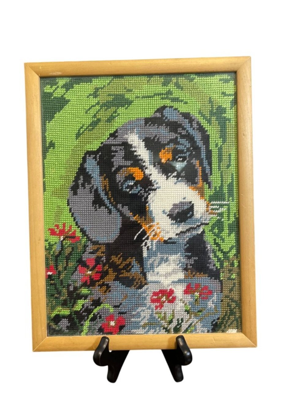 Vintage Royal Paris Needlepoint Framed Wall Decor Dog, Cottage Core, Grandma Cor